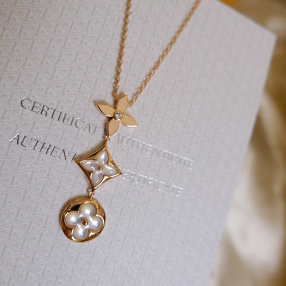[Renovia Jewelry]COLOR BLOSSOM LARIAT NECKLACE PINK GOLD WHITE MOTHER PEARL AND DIAMOND