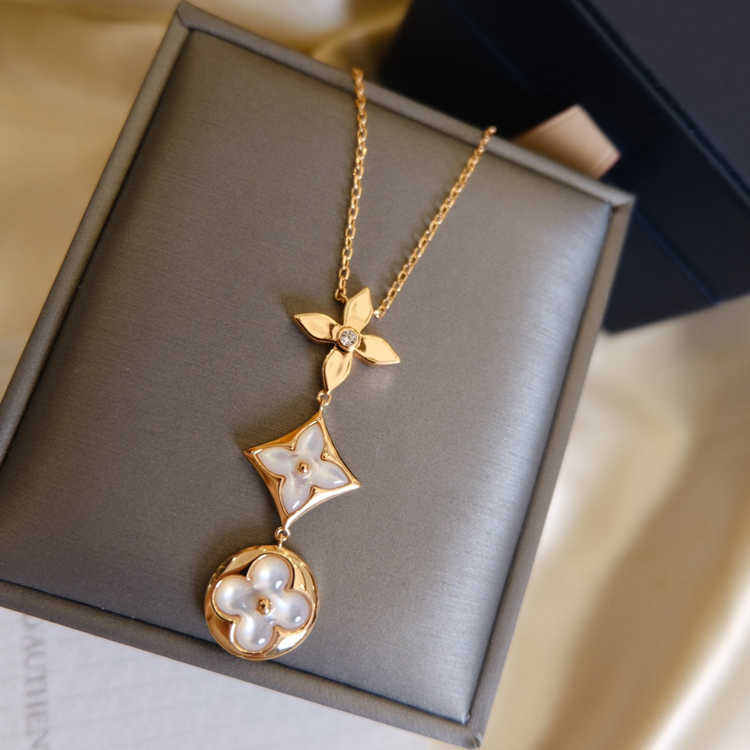 [Renovia Jewelry]COLOR BLOSSOM LARIAT NECKLACE PINK GOLD WHITE MOTHER PEARL AND DIAMOND
