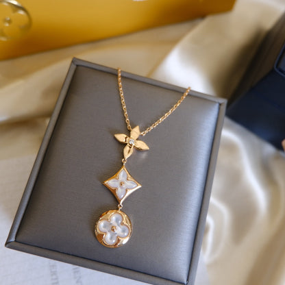 [Renovia Jewelry]COLOR BLOSSOM LARIAT NECKLACE PINK GOLD WHITE MOTHER PEARL AND DIAMOND
