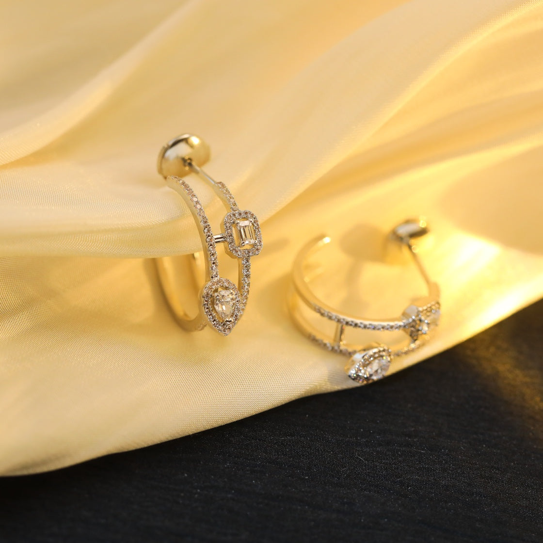 [Renovia Jewelry]CREOLES MY TWIN 2 RANGS SILVER DIAMOND EARRINGS