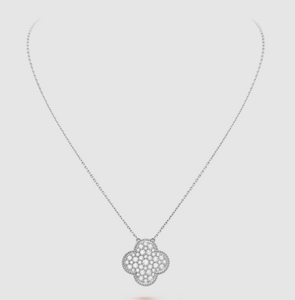 [Renovia Jewelry]CLOVER 25MM LARGE PENDANT DIAMOND PAVED SILVER NECKLACE