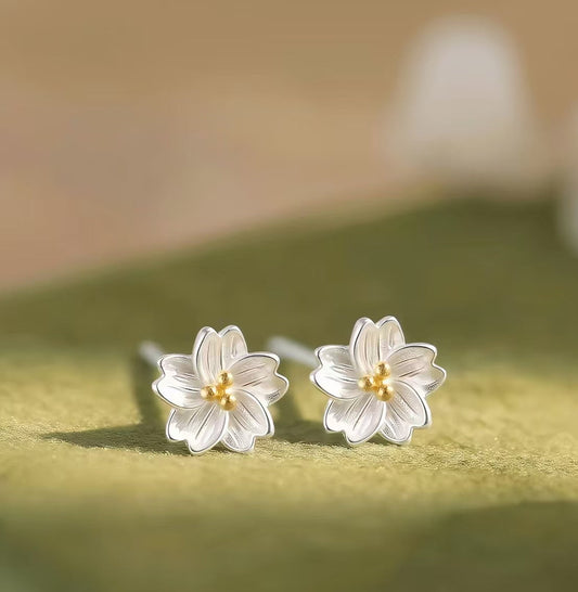999 Sterling Silver Post Cherry Blossom Stud Earrings for Women, 2026 New Hot Sale, Light Luxury Minimalist Premium Elegant Silver Ear Jewelry