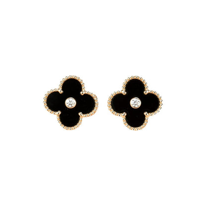 [Renovia Jewelry]CLOVER MEDIUM 1 MOTIFS ONYX DIAMOND EARRINGS
