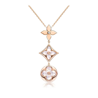 [Renovia Jewelry]COLOR BLOSSOM LARIAT NECKLACE PINK GOLD WHITE MOTHER PEARL AND DIAMOND