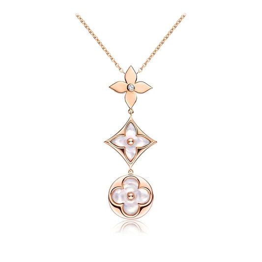 [Renovia Jewelry]COLOR BLOSSOM LARIAT NECKLACE PINK GOLD WHITE MOTHER PEARL AND DIAMOND