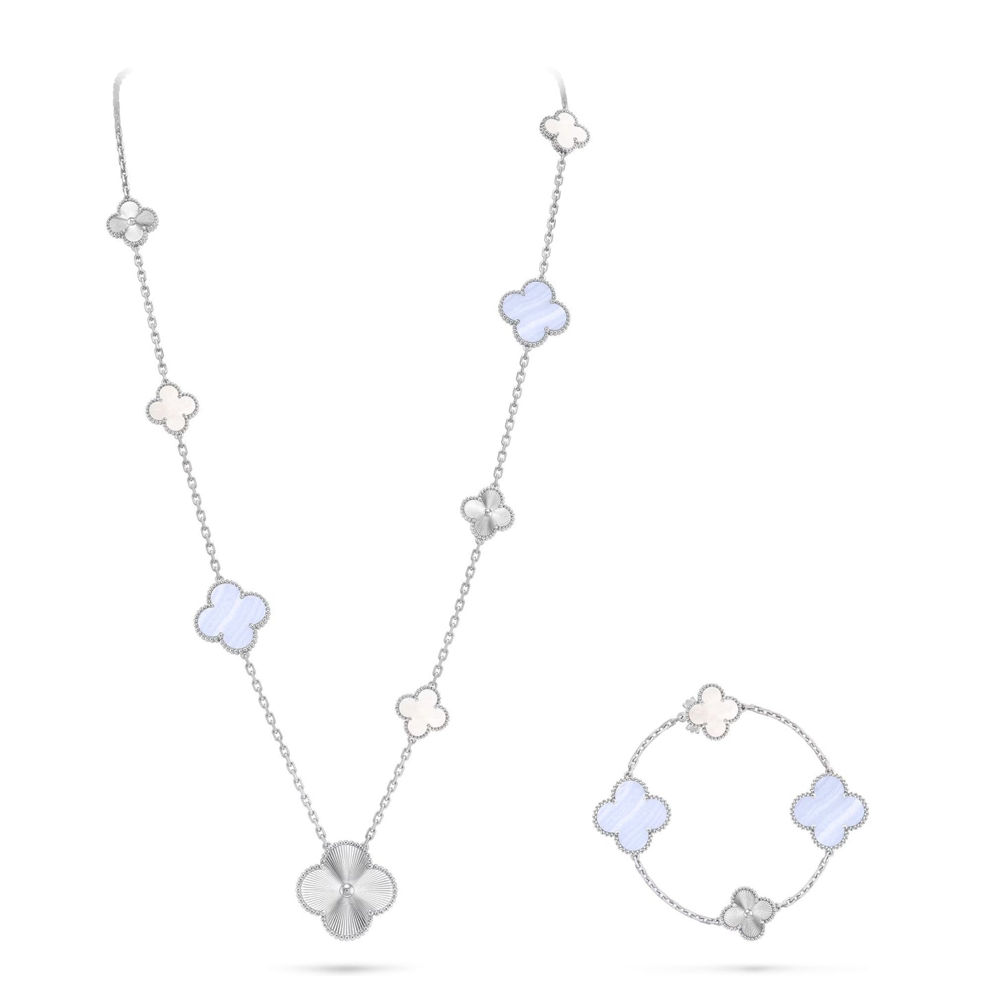 [Renovia Jewelry]DETACHABLE CLOVER 15(11+4) FLOWER SILVER NECKLACE SET