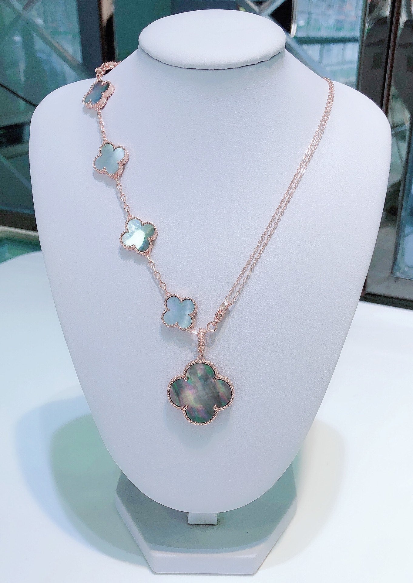 [Renovia Jewelry]COMBINED BRACELET 5 MOTIFS AND NECKLACE DARK MOP ROSE GOLD