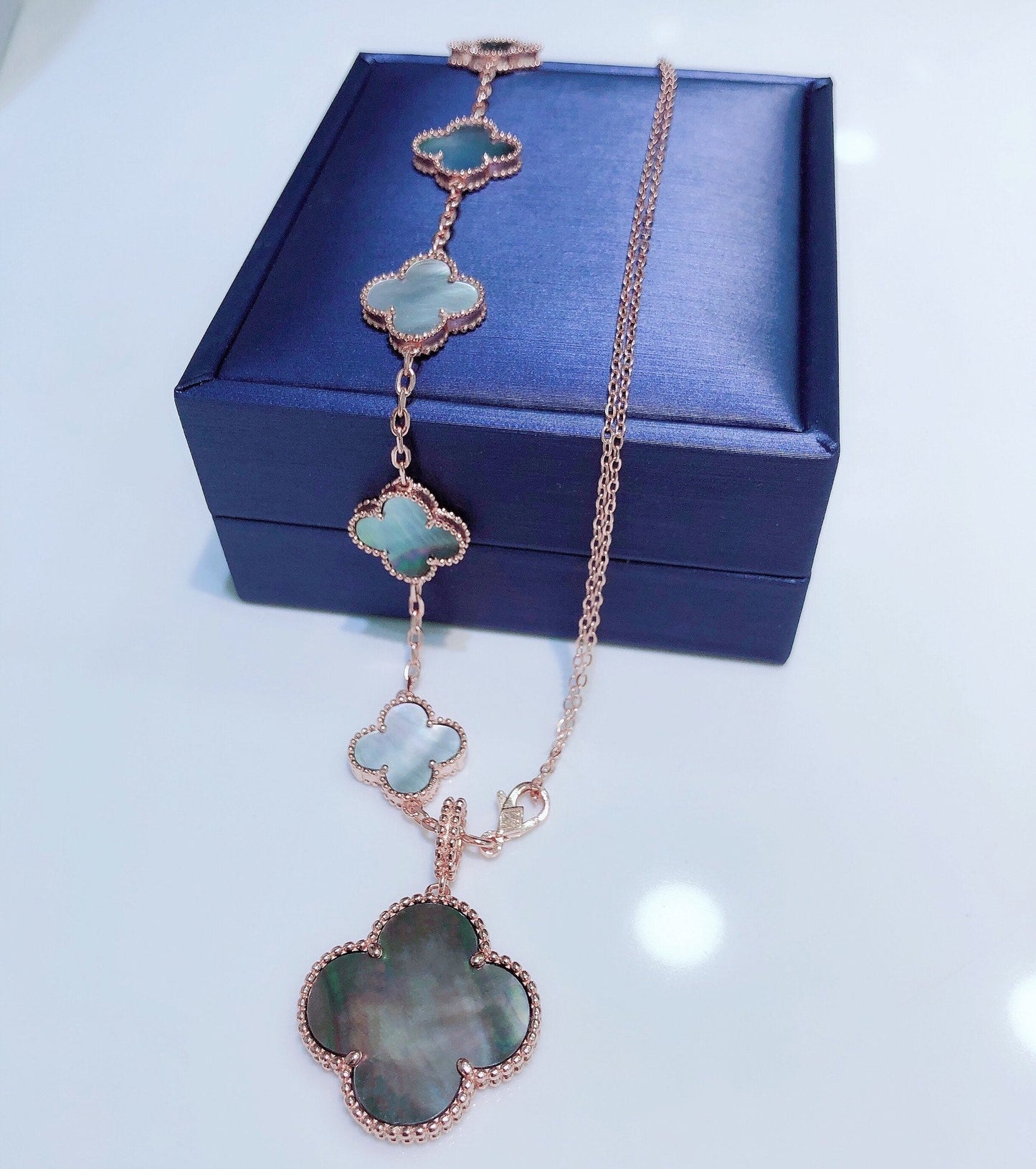 [Renovia Jewelry]COMBINED BRACELET 5 MOTIFS AND NECKLACE DARK MOP ROSE GOLD