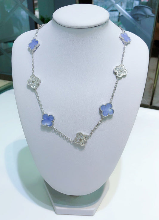 [Renovia Jewelry]CLOVER 10 MOTIFS CHALCEDONY DIAMONDS SILVER NECKLACE