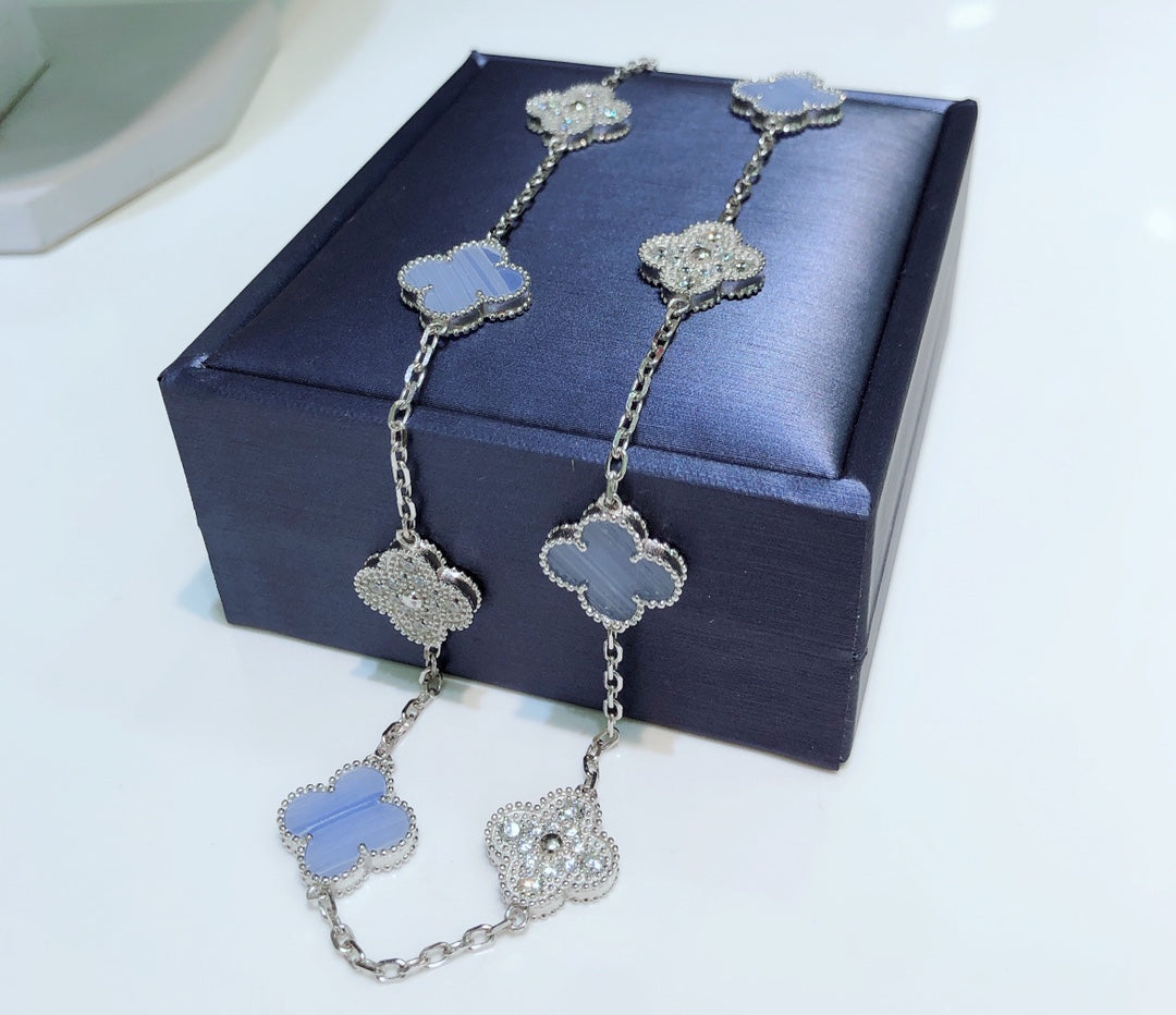 [Renovia Jewelry]CLOVER 10 MOTIFS CHALCEDONY DIAMONDS SILVER NECKLACE