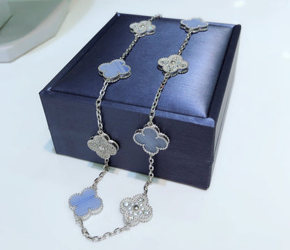[Renovia Jewelry]CLOVER 10 MOTIFS CHALCEDONY DIAMONDS SILVER NECKLACE