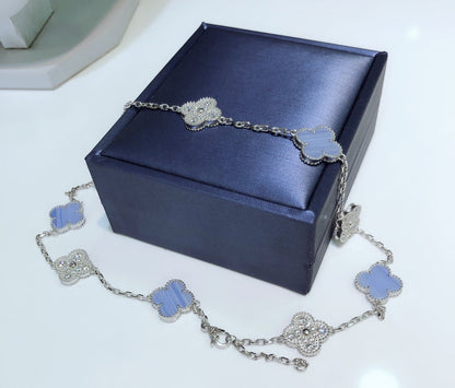 [Renovia Jewelry]CLOVER 10 MOTIFS CHALCEDONY DIAMONDS SILVER NECKLACE