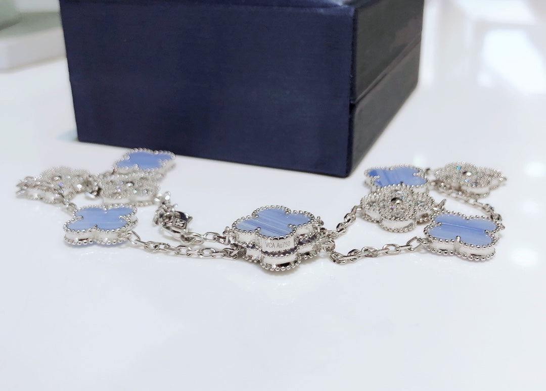 [Renovia Jewelry]CLOVER 10 MOTIFS CHALCEDONY DIAMONDS SILVER NECKLACE