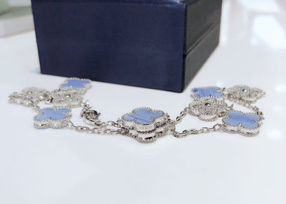 [Renovia Jewelry]CLOVER 10 MOTIFS CHALCEDONY DIAMONDS SILVER NECKLACE