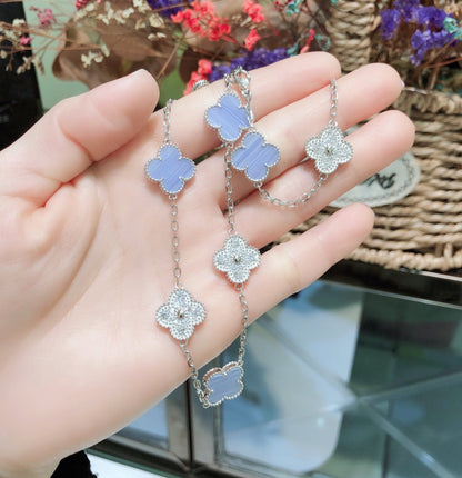 [Renovia Jewelry]CLOVER 10 MOTIFS CHALCEDONY DIAMONDS SILVER NECKLACE
