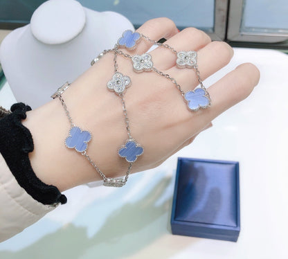 [Renovia Jewelry]CLOVER 10 MOTIFS CHALCEDONY DIAMONDS SILVER NECKLACE