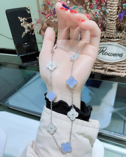 [Renovia Jewelry]CLOVER 10 MOTIFS CHALCEDONY DIAMONDS SILVER NECKLACE